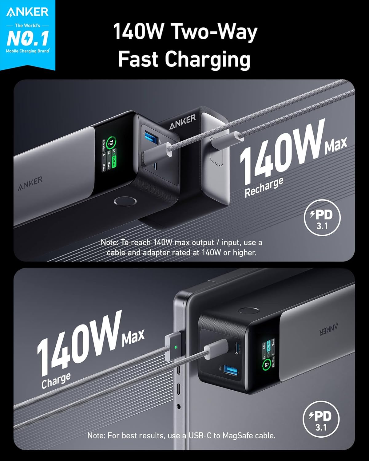 Anker-Gadgethi Power Bank 140W – Carga Ultra Rápida e Inteligente