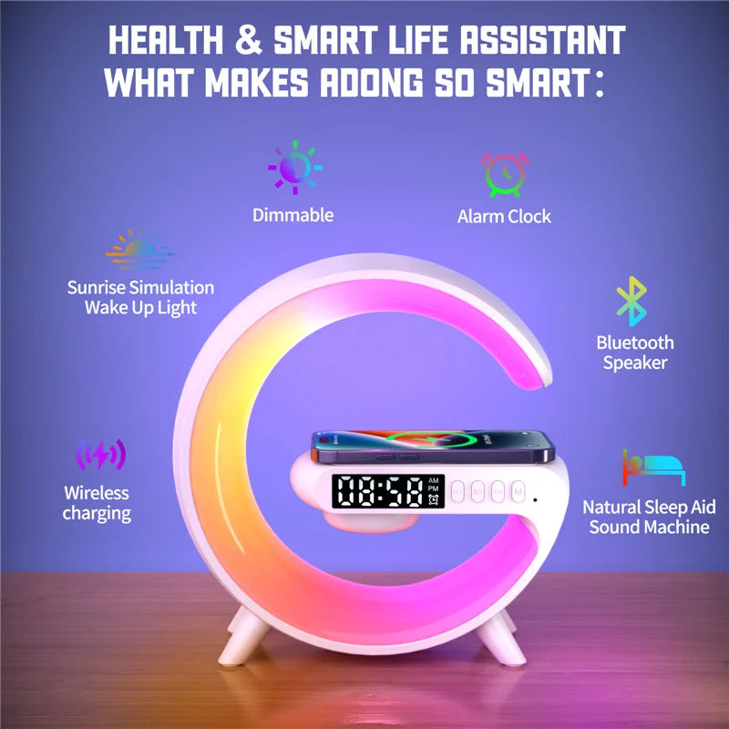 Reloj alarma multifuncional, cargador y luz led.